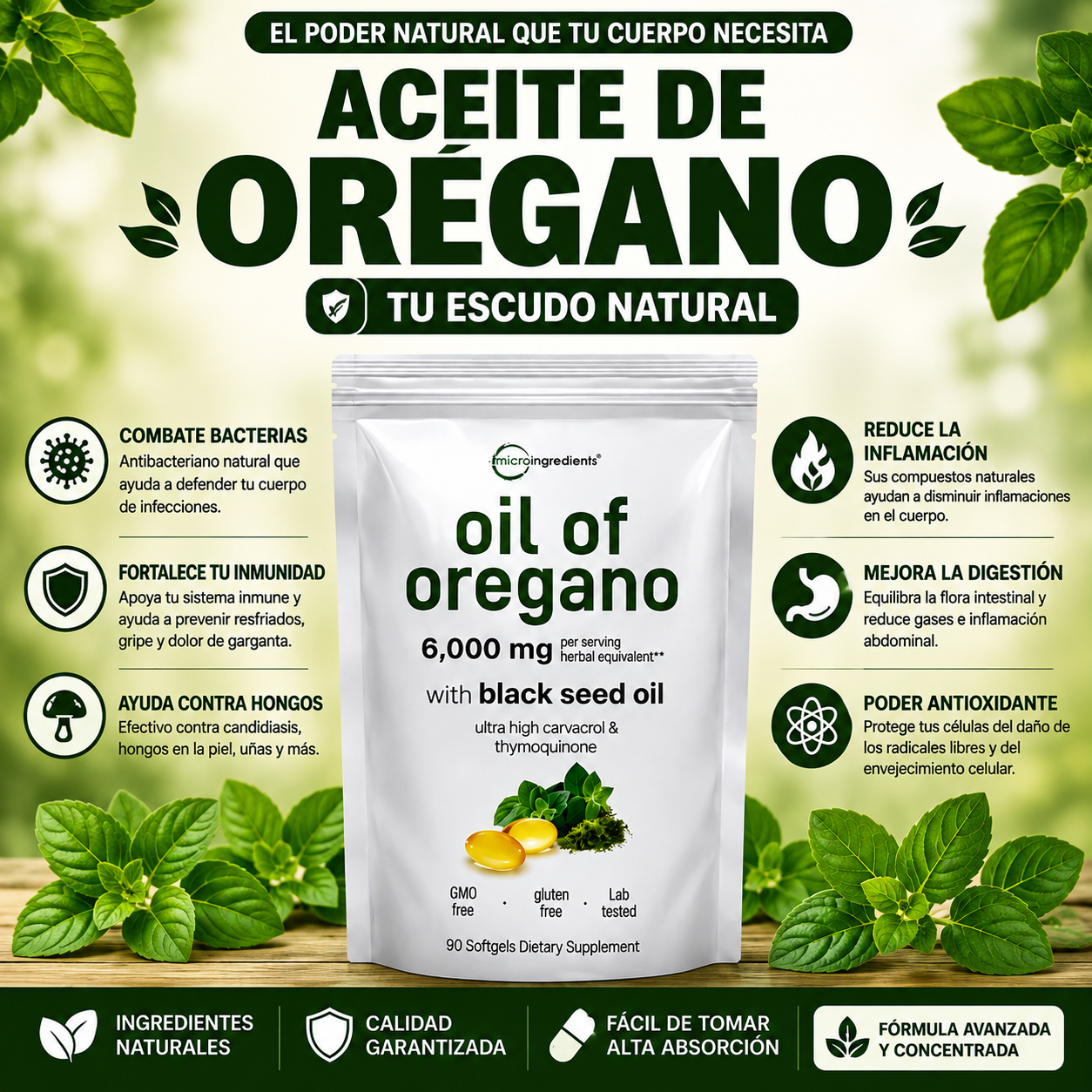 Aceite de Orégano 6.000 mg + Aceite de Semilla Negra | Fórmula Concentrada | 90 Cápsulas