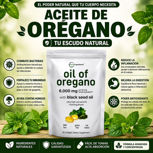 Aceite de Orégano 6.000 mg + Aceite de Semilla Negra | Fórmula Concentrada | 90 Cápsulas
